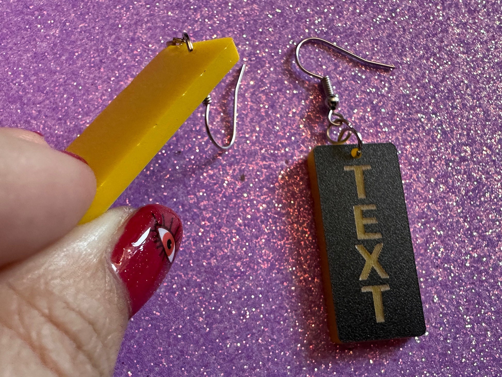 Custom Text Earrings: Laser Engraved Words, Black with Yellow Text, Letters, Names, Teacher Gift, Anniversary, Best Gifts for Her/Him/Them