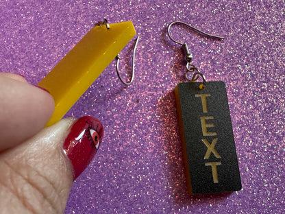 Custom Text Earrings: Laser Engraved Words, Black with Yellow Text, Letters, Names, Teacher Gift, Anniversary, Best Gifts for Her/Him/Them