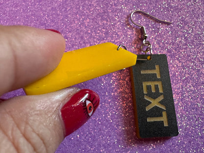 Custom Text Earrings: Laser Engraved Words, Black with Yellow Text, Letters, Names, Teacher Gift, Anniversary, Best Gifts for Her/Him/Them