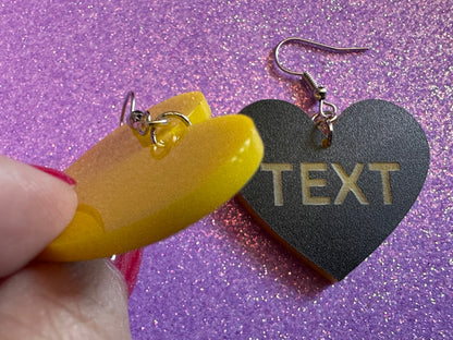 Custom Text Earrings: Laser Engraved Words, Black with Yellow Text, Letters, Names, Teacher Gift, Anniversary, Best Gifts for Her/Him/Them