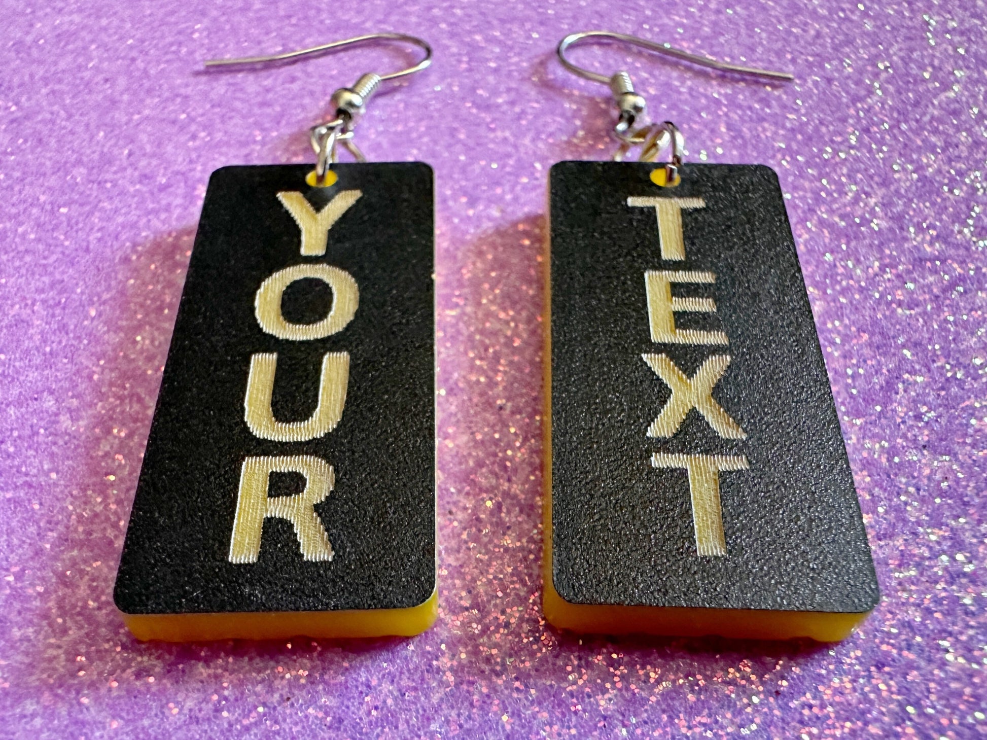 Custom Text Earrings: Laser Engraved Words, Black with Yellow Text, Letters, Names, Teacher Gift, Anniversary, Best Gifts for Her/Him/Them