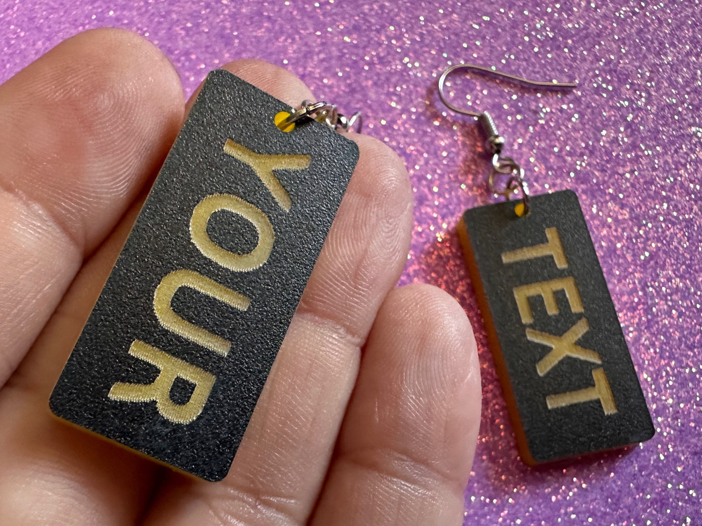 Custom Text Earrings: Laser Engraved Words, Black with Yellow Text, Letters, Names, Teacher Gift, Anniversary, Best Gifts for Her/Him/Them