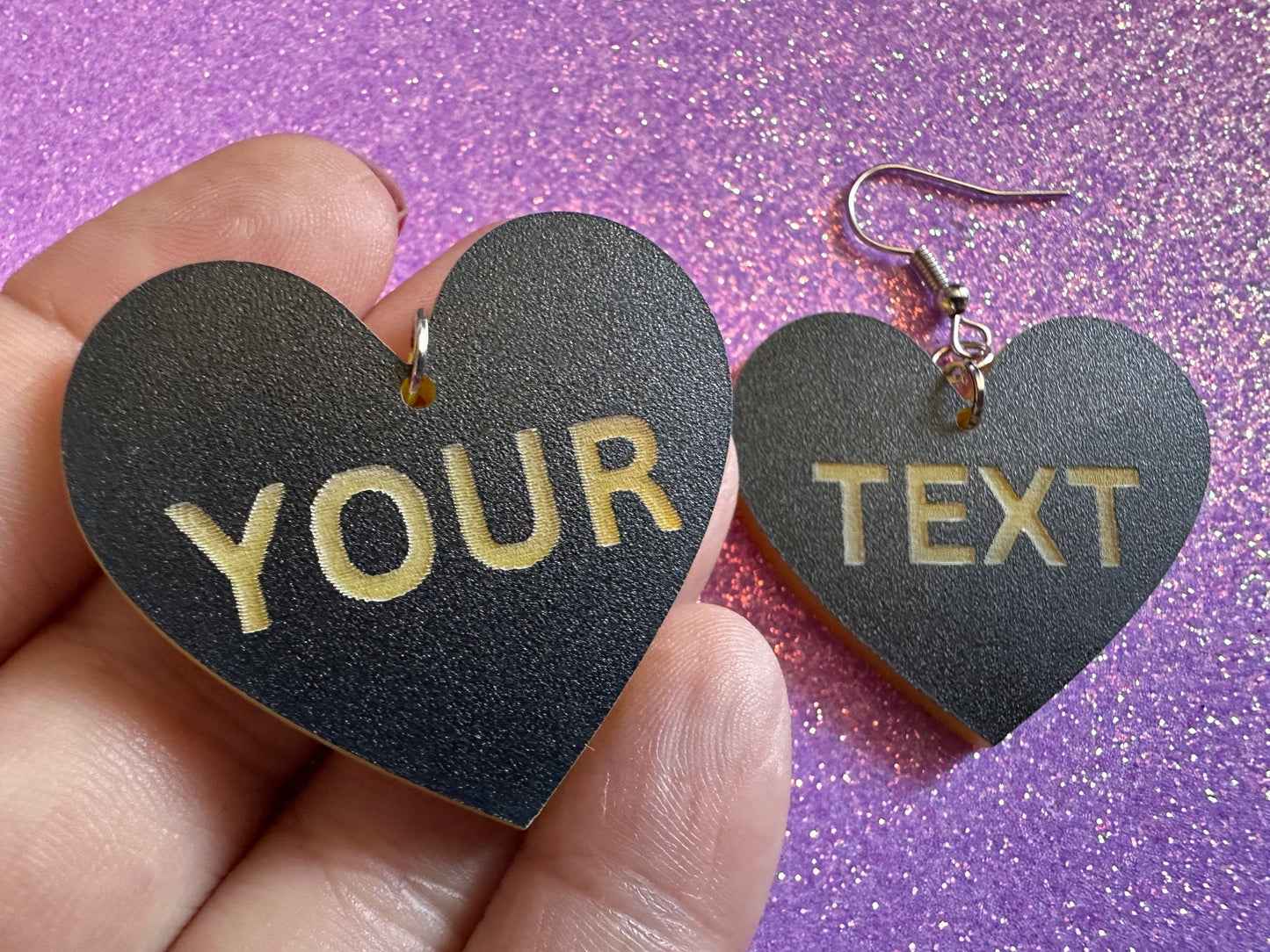 Custom Text Earrings: Laser Engraved Words, Black with Yellow Text, Letters, Names, Teacher Gift, Anniversary, Best Gifts for Her/Him/Them