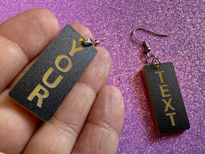 Custom Text Earrings: Laser Engraved Words, Black with Yellow Text, Letters, Names, Teacher Gift, Anniversary, Best Gifts for Her/Him/Them