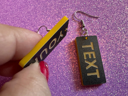 Custom Text Earrings: Laser Engraved Words, Black with Yellow Text, Letters, Names, Teacher Gift, Anniversary, Best Gifts for Her/Him/Them