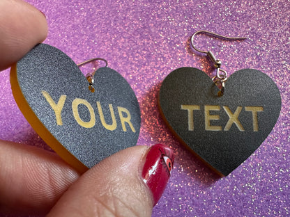 Custom Text Earrings: Laser Engraved Words, Black with Yellow Text, Letters, Names, Teacher Gift, Anniversary, Best Gifts for Her/Him/Them