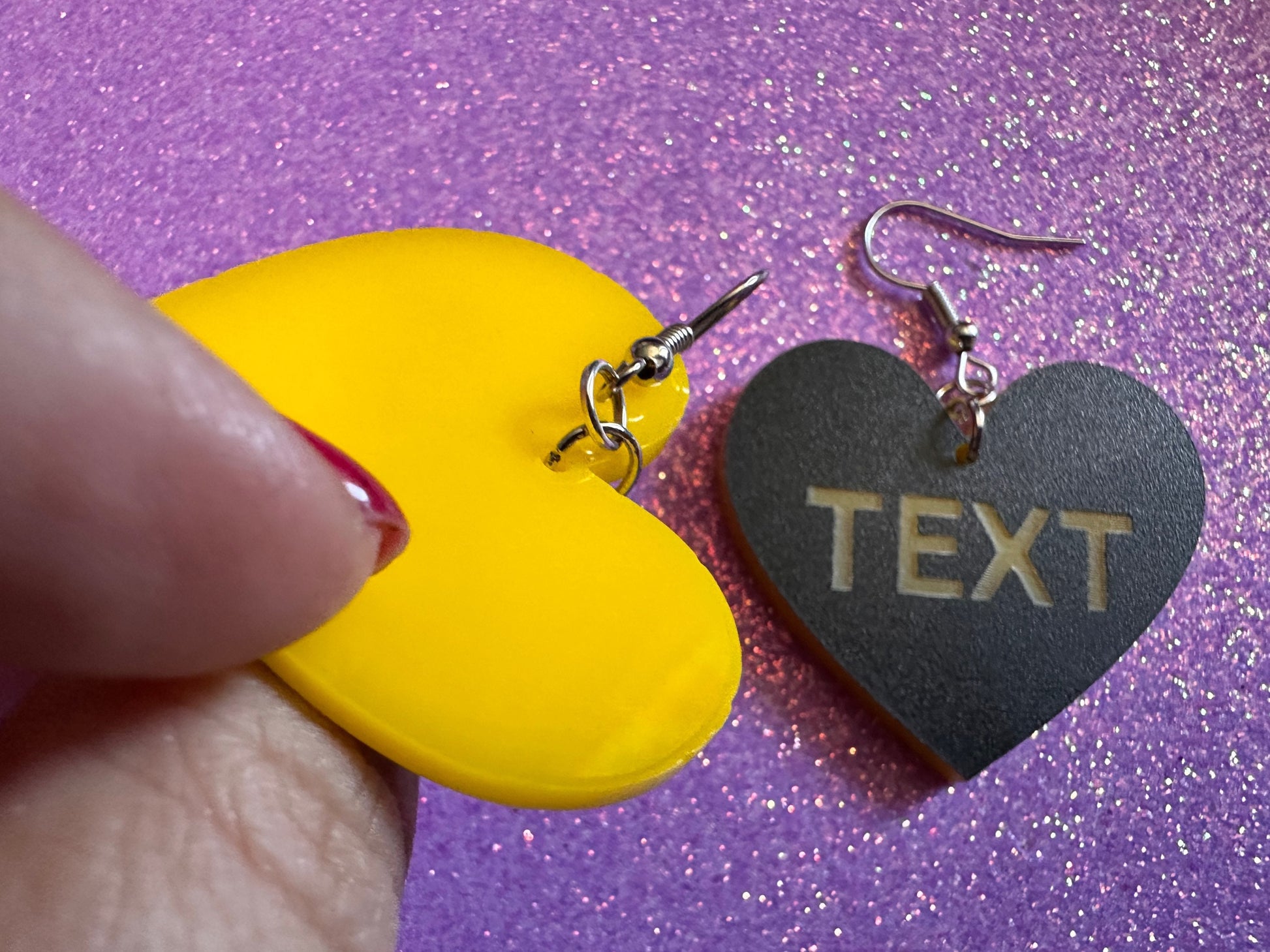 Custom Text Earrings: Laser Engraved Words, Black with Yellow Text, Letters, Names, Teacher Gift, Anniversary, Best Gifts for Her/Him/Them