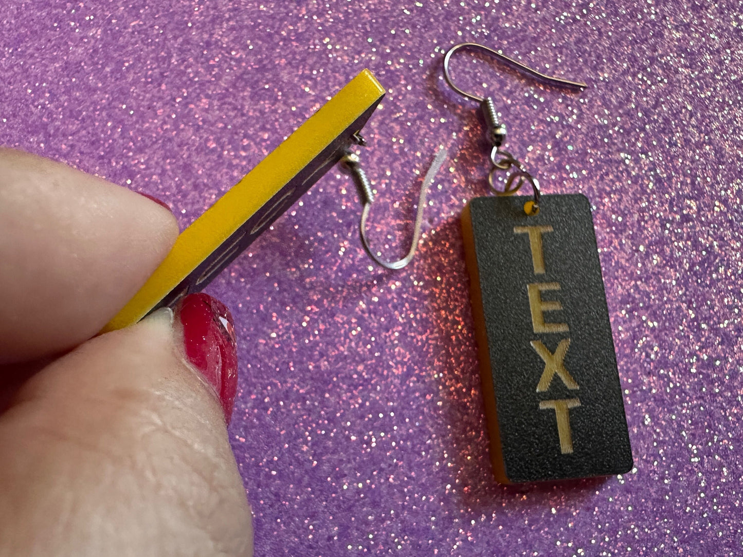 Custom Text Earrings: Laser Engraved Words, Black with Yellow Text, Letters, Names, Teacher Gift, Anniversary, Best Gifts for Her/Him/Them