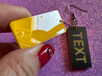 Custom Text Earrings: Laser Engraved Words, Black with Yellow Text, Letters, Names, Teacher Gift, Anniversary, Best Gifts for Her/Him/Them