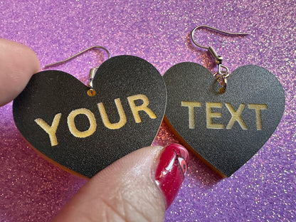 Custom Text Earrings: Laser Engraved Words, Black with Yellow Text, Letters, Names, Teacher Gift, Anniversary, Best Gifts for Her/Him/Them