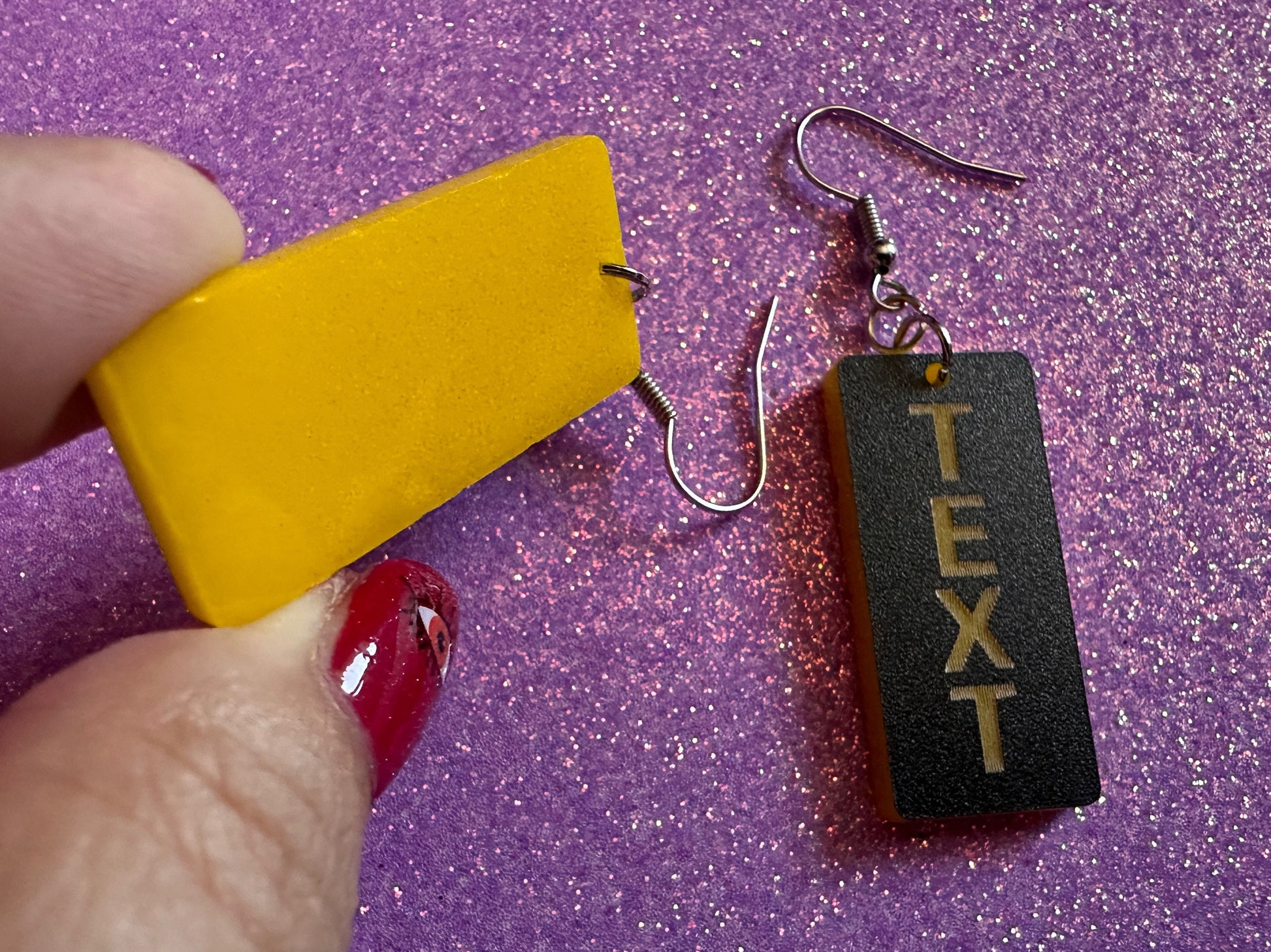 Custom Text Earrings: Laser Engraved Words, Black with Yellow Text, Letters, Names, Teacher Gift, Anniversary, Best Gifts for Her/Him/Them