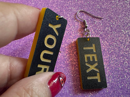 Custom Text Earrings: Laser Engraved Words, Black with Yellow Text, Letters, Names, Teacher Gift, Anniversary, Best Gifts for Her/Him/Them