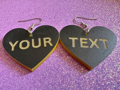 Custom Text Earrings: Laser Engraved Words, Black with Yellow Text, Letters, Names, Teacher Gift, Anniversary, Best Gifts for Her/Him/Them