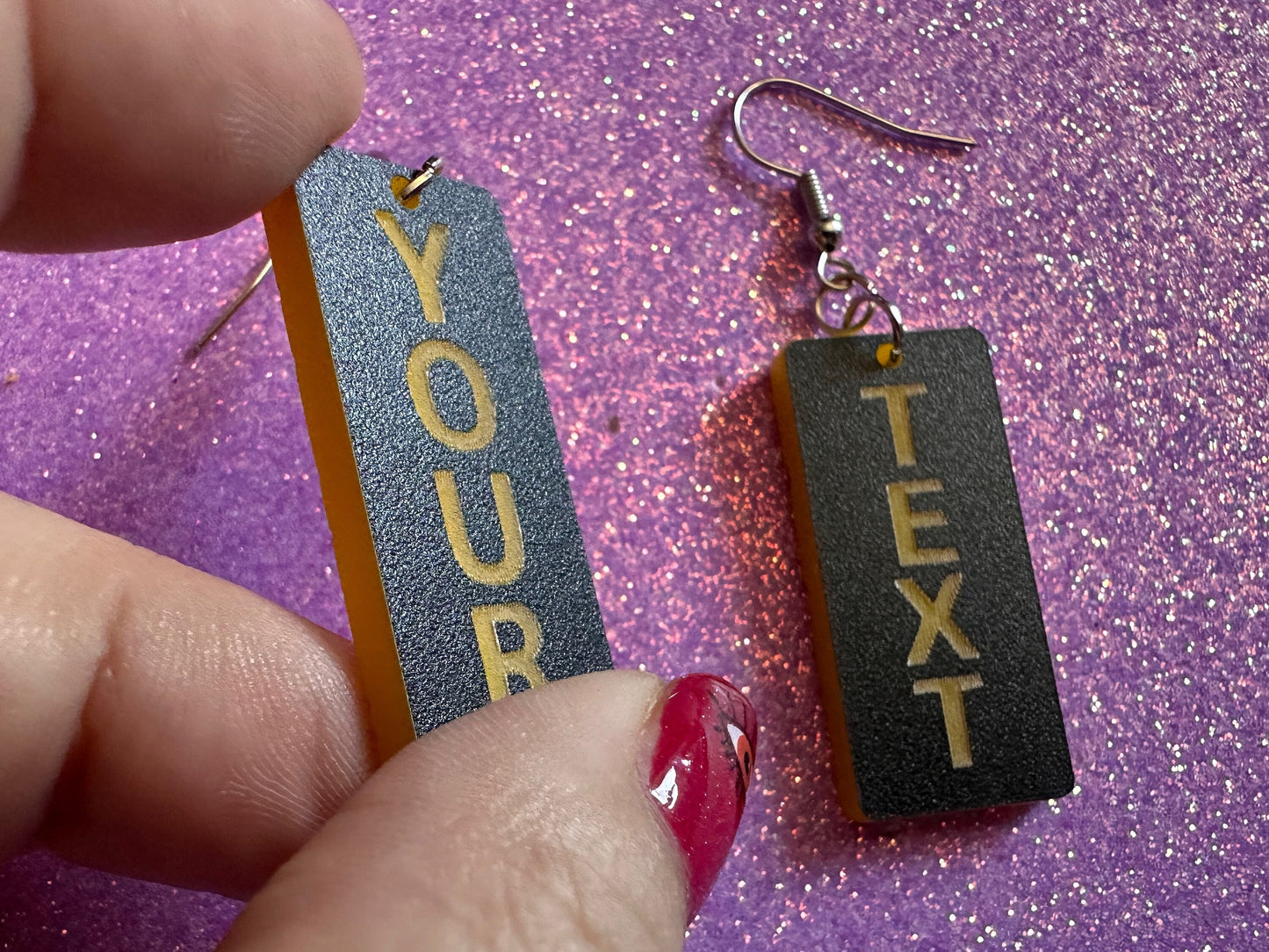 Custom Text Earrings: Laser Engraved Words, Black with Yellow Text, Letters, Names, Teacher Gift, Anniversary, Best Gifts for Her/Him/Them