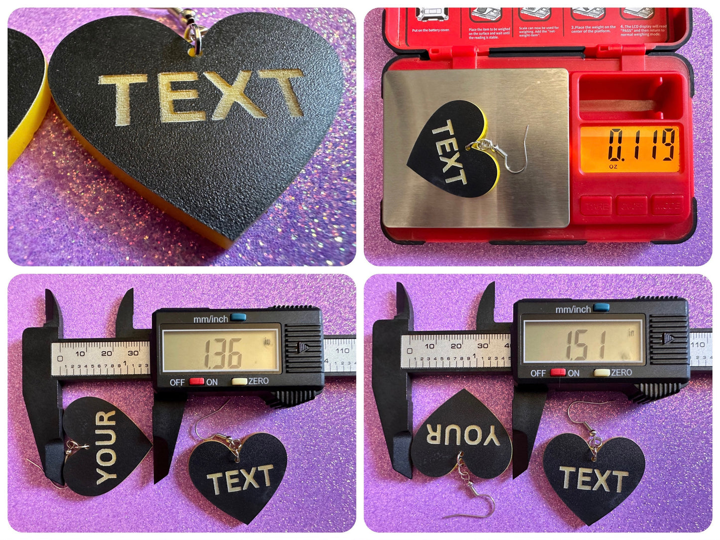 Custom Text Earrings: Laser Engraved Words, Black with Yellow Text, Letters, Names, Teacher Gift, Anniversary, Best Gifts for Her/Him/Them