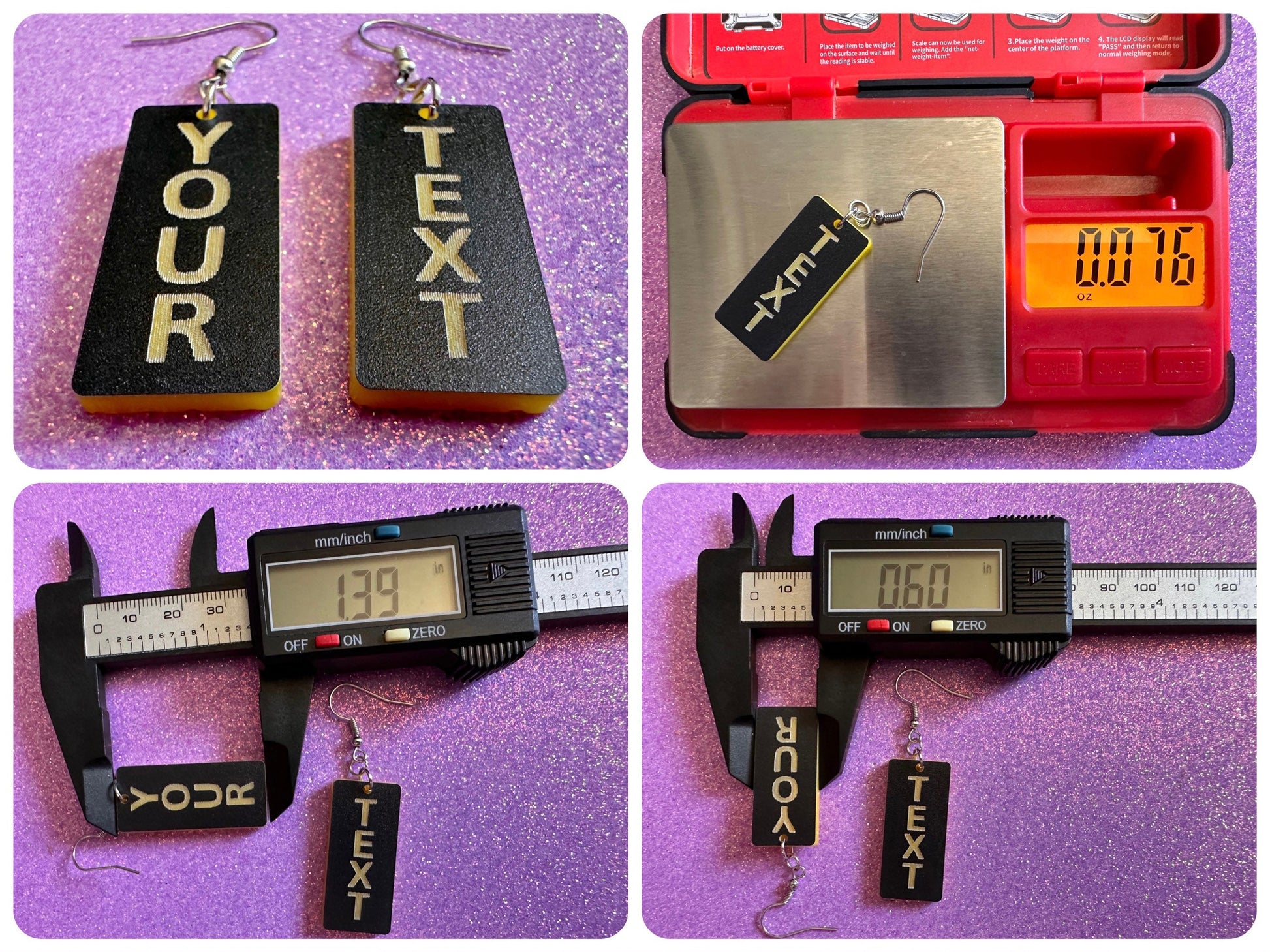 Custom Text Earrings: Laser Engraved Words, Black with Yellow Text, Letters, Names, Teacher Gift, Anniversary, Best Gifts for Her/Him/Them