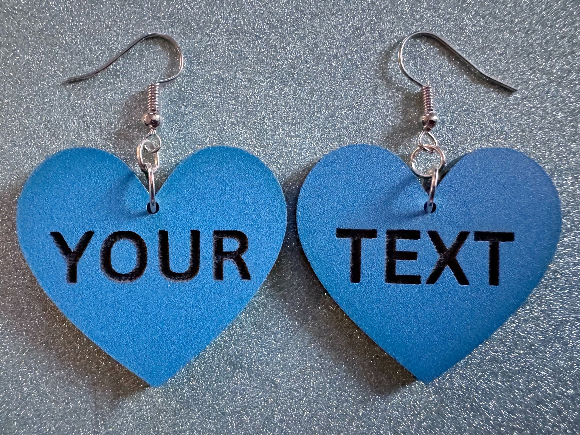 Custom Text Earrings: Laser Engraved Words, Blue with Black Text, Letters, Names, Teacher Gift, Anniversary, Best Gifts for Her/Him/Them