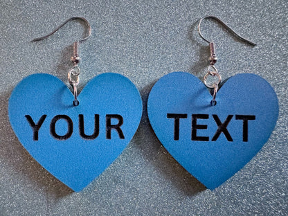 Custom Text Earrings: Laser Engraved Words, Blue with Black Text, Letters, Names, Teacher Gift, Anniversary, Best Gifts for Her/Him/Them