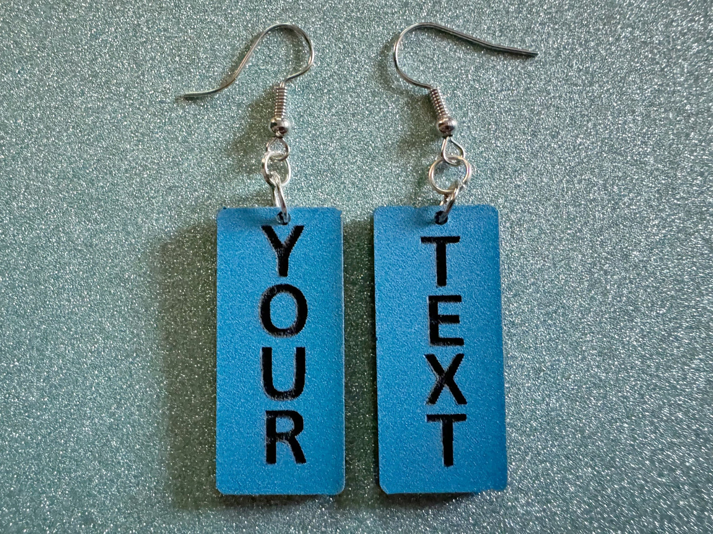 Custom Text Earrings: Laser Engraved Words, Blue with Black Text, Letters, Names, Teacher Gift, Anniversary, Best Gifts for Her/Him/Them
