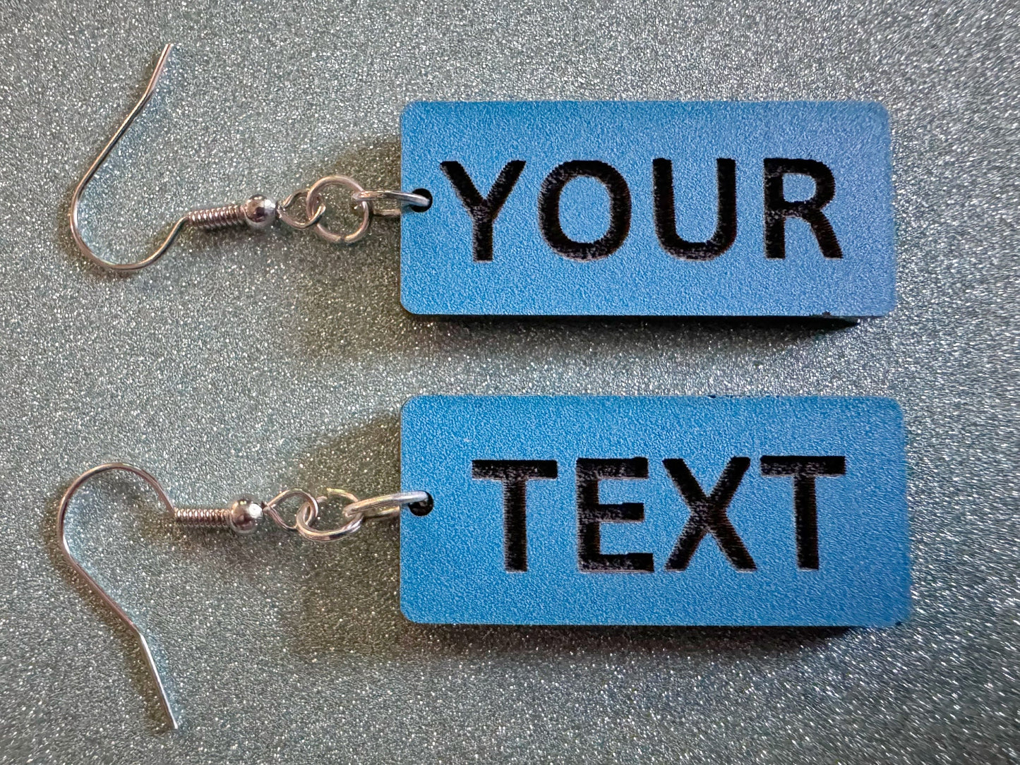 Custom Text Earrings: Laser Engraved Words, Blue with Black Text, Letters, Names, Teacher Gift, Anniversary, Best Gifts for Her/Him/Them