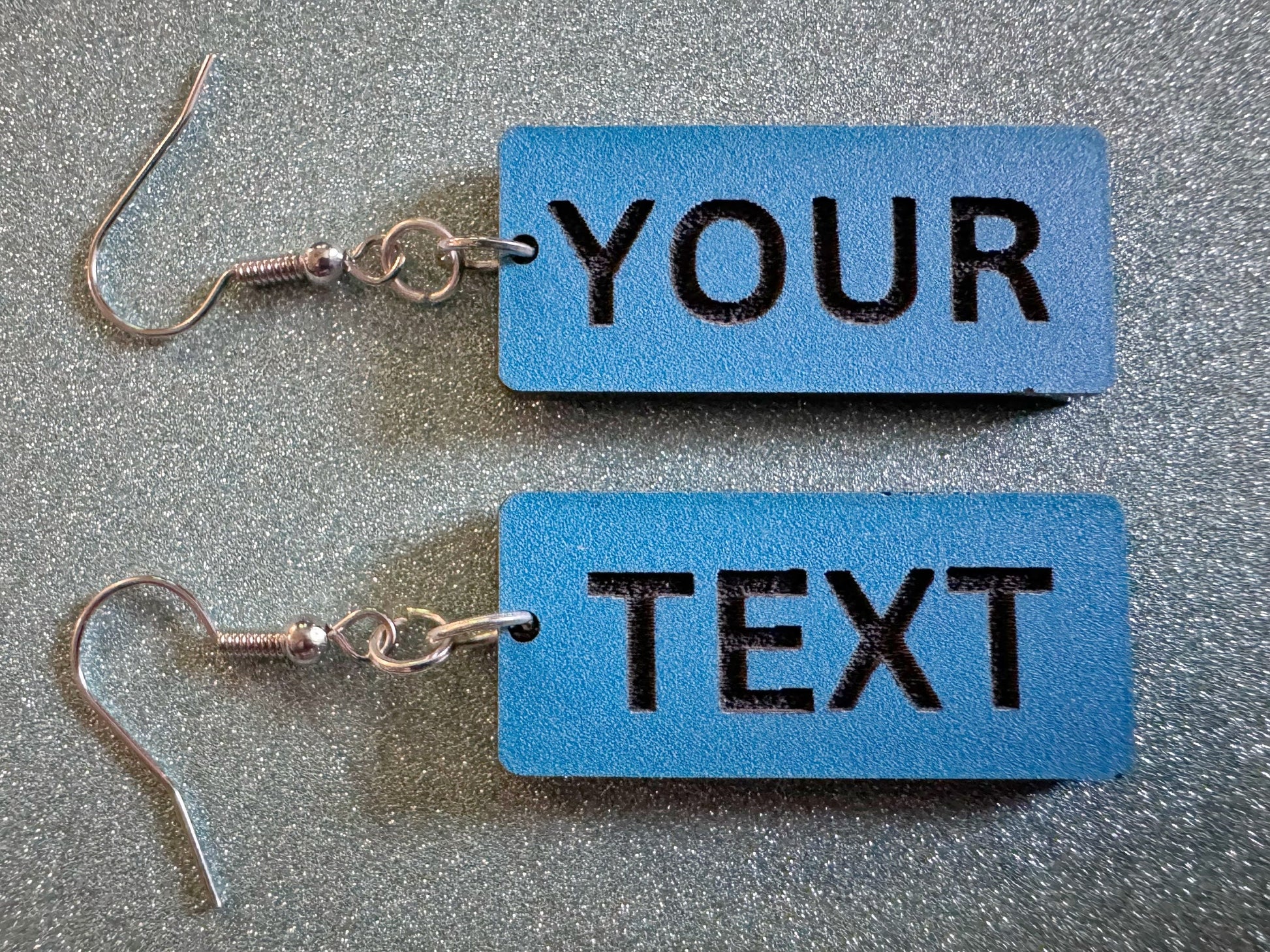 Custom Text Earrings: Laser Engraved Words, Blue with Black Text, Letters, Names, Teacher Gift, Anniversary, Best Gifts for Her/Him/Them
