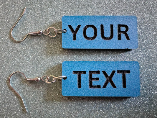 Custom Text Earrings: Laser Engraved Words, Blue with Black Text, Letters, Names, Teacher Gift, Anniversary, Best Gifts for Her/Him/Them