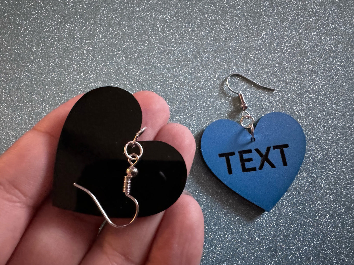 Custom Text Earrings: Laser Engraved Words, Blue with Black Text, Letters, Names, Teacher Gift, Anniversary, Best Gifts for Her/Him/Them