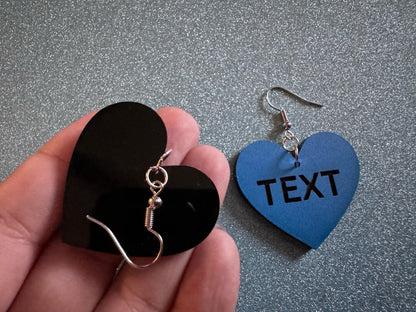 Custom Text Earrings: Laser Engraved Words, Blue with Black Text, Letters, Names, Teacher Gift, Anniversary, Best Gifts for Her/Him/Them