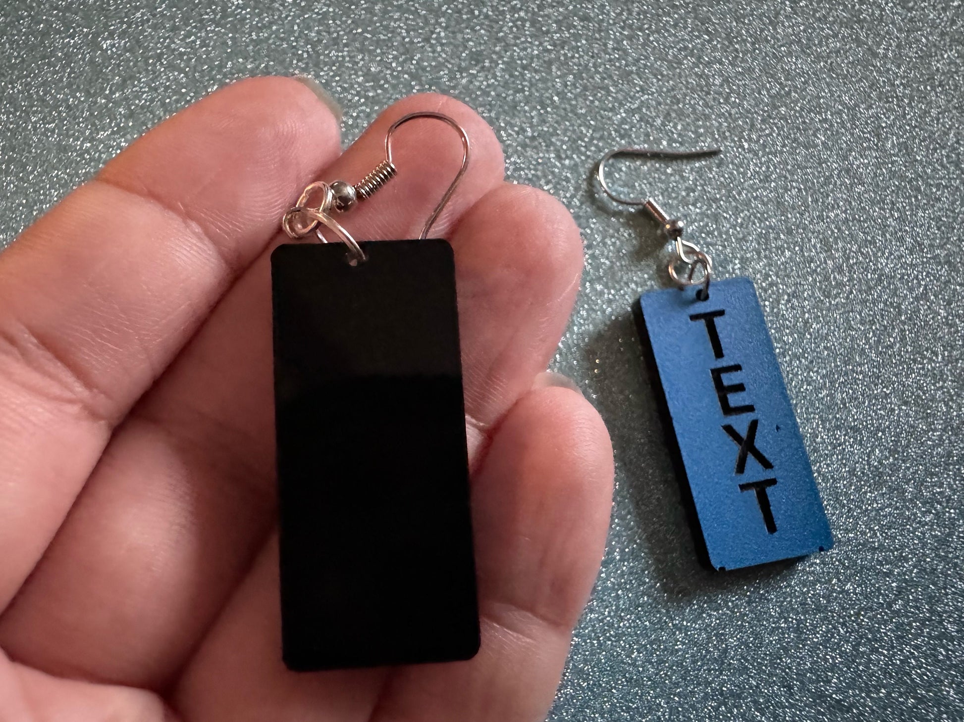 Custom Text Earrings: Laser Engraved Words, Blue with Black Text, Letters, Names, Teacher Gift, Anniversary, Best Gifts for Her/Him/Them