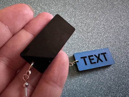Custom Text Earrings: Laser Engraved Words, Blue with Black Text, Letters, Names, Teacher Gift, Anniversary, Best Gifts for Her/Him/Them
