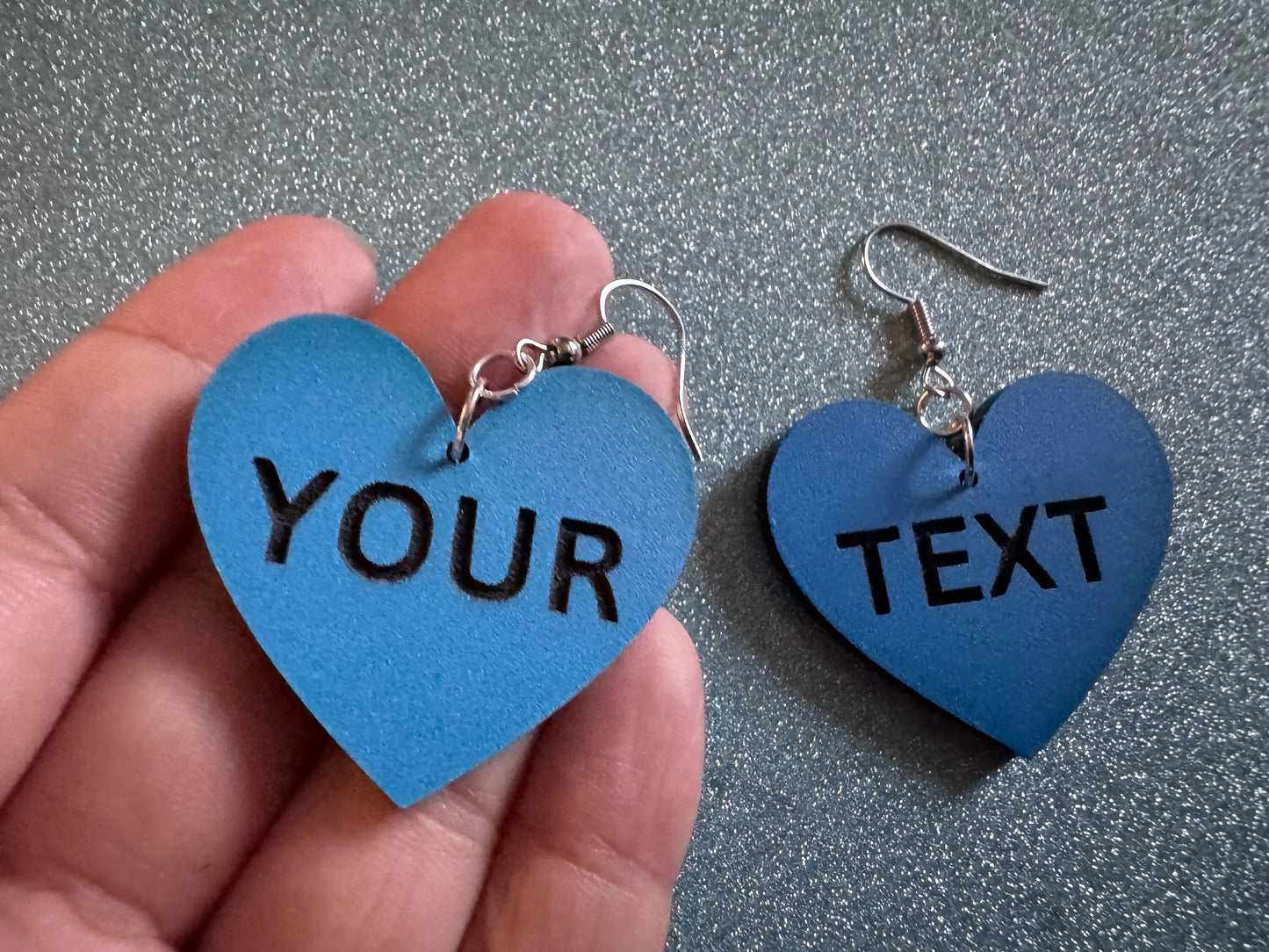 Custom Text Earrings: Laser Engraved Words, Blue with Black Text, Letters, Names, Teacher Gift, Anniversary, Best Gifts for Her/Him/Them