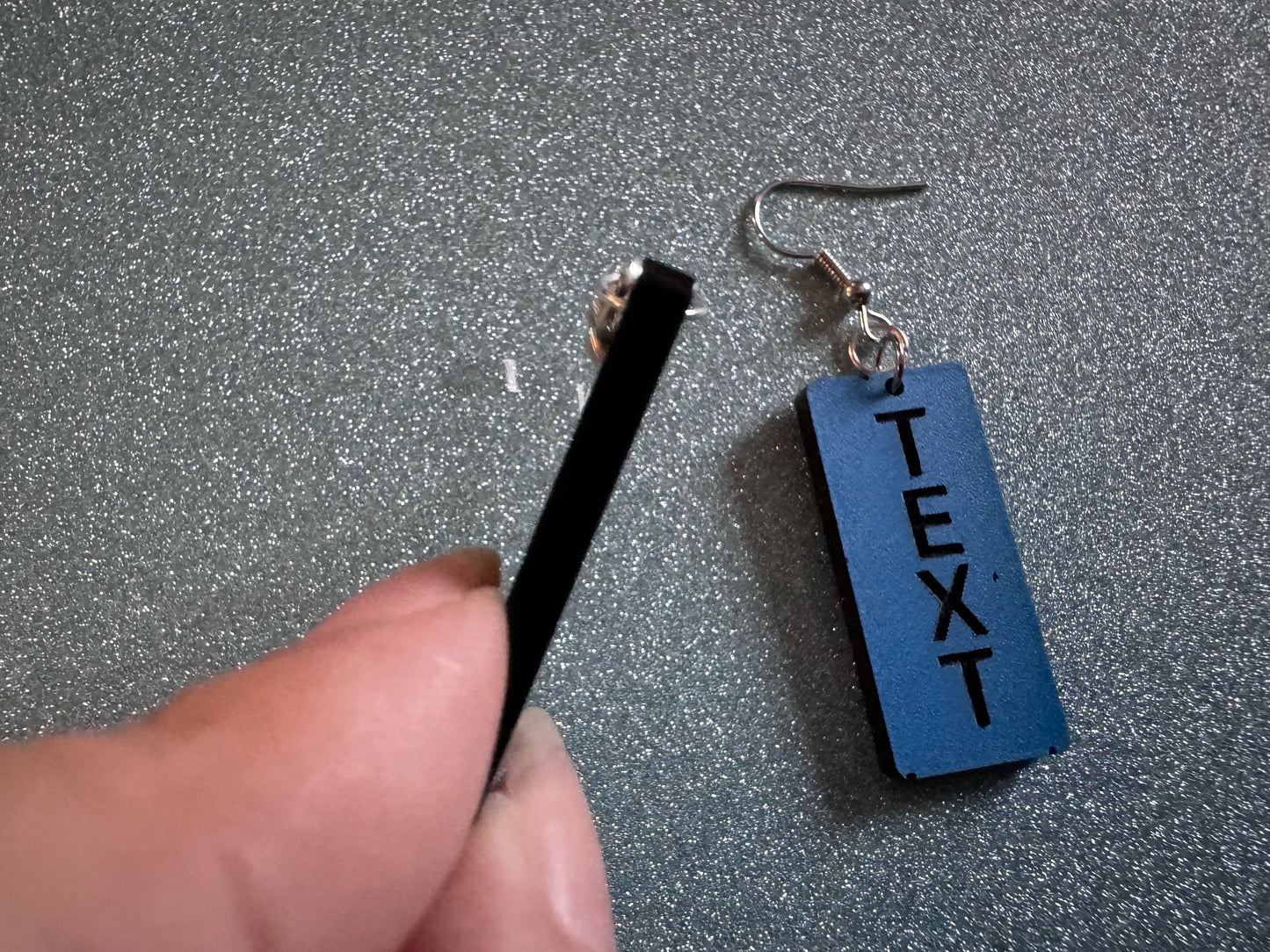 Custom Text Earrings: Laser Engraved Words, Blue with Black Text, Letters, Names, Teacher Gift, Anniversary, Best Gifts for Her/Him/Them