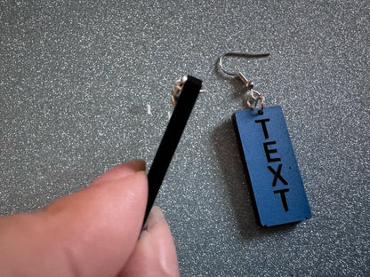 Custom Text Earrings: Laser Engraved Words, Blue with Black Text, Letters, Names, Teacher Gift, Anniversary, Best Gifts for Her/Him/Them