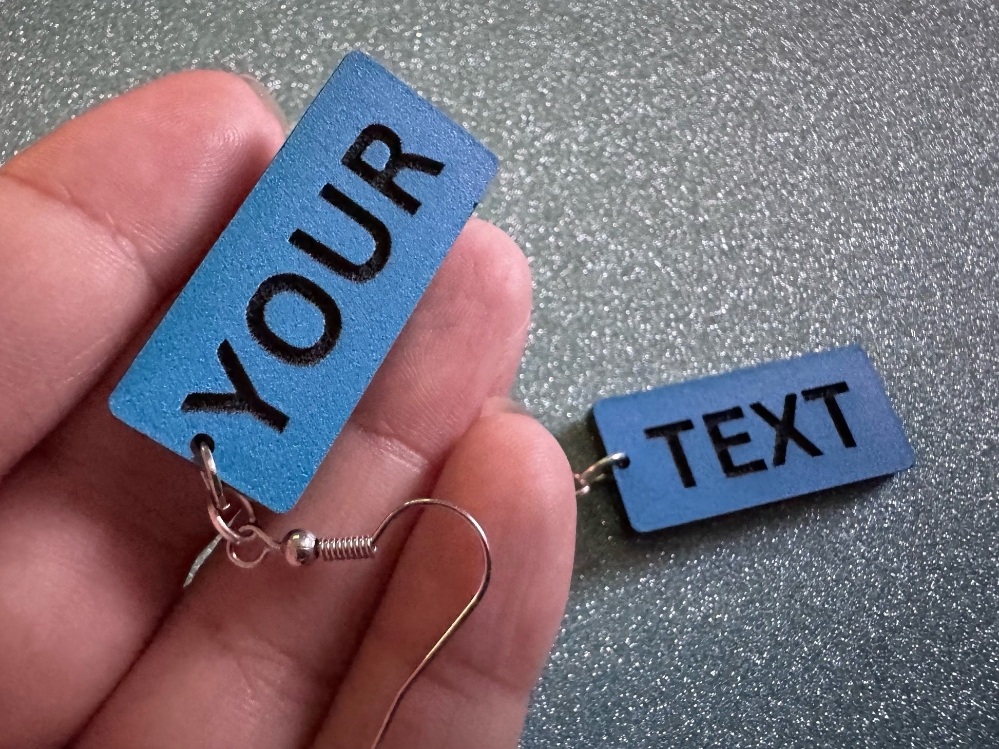 Custom Text Earrings: Laser Engraved Words, Blue with Black Text, Letters, Names, Teacher Gift, Anniversary, Best Gifts for Her/Him/Them