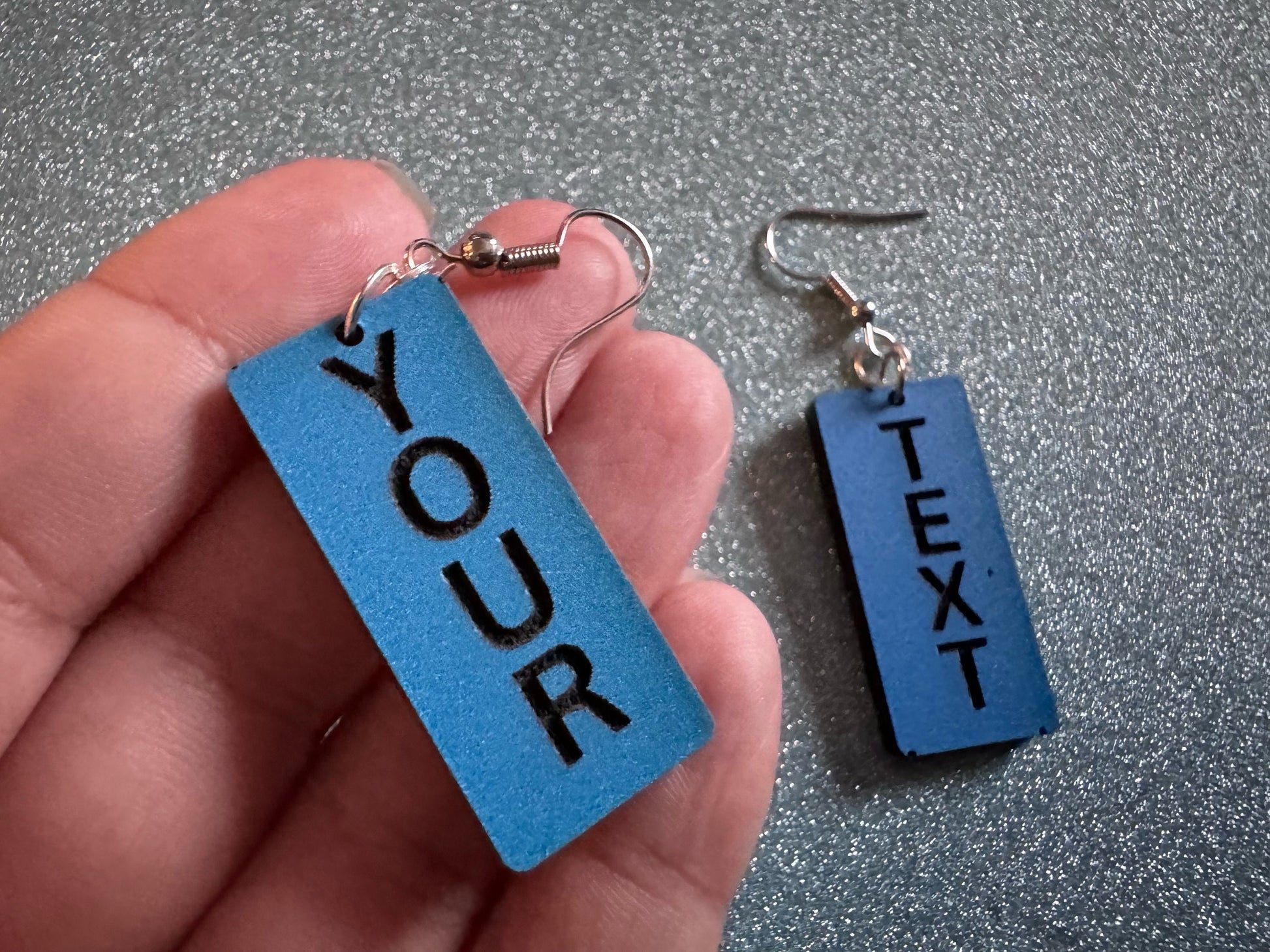 Custom Text Earrings: Laser Engraved Words, Blue with Black Text, Letters, Names, Teacher Gift, Anniversary, Best Gifts for Her/Him/Them