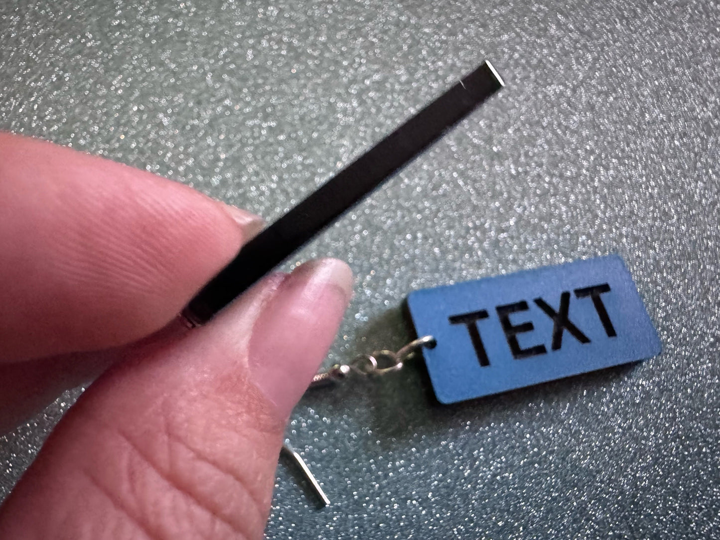 Custom Text Earrings: Laser Engraved Words, Blue with Black Text, Letters, Names, Teacher Gift, Anniversary, Best Gifts for Her/Him/Them
