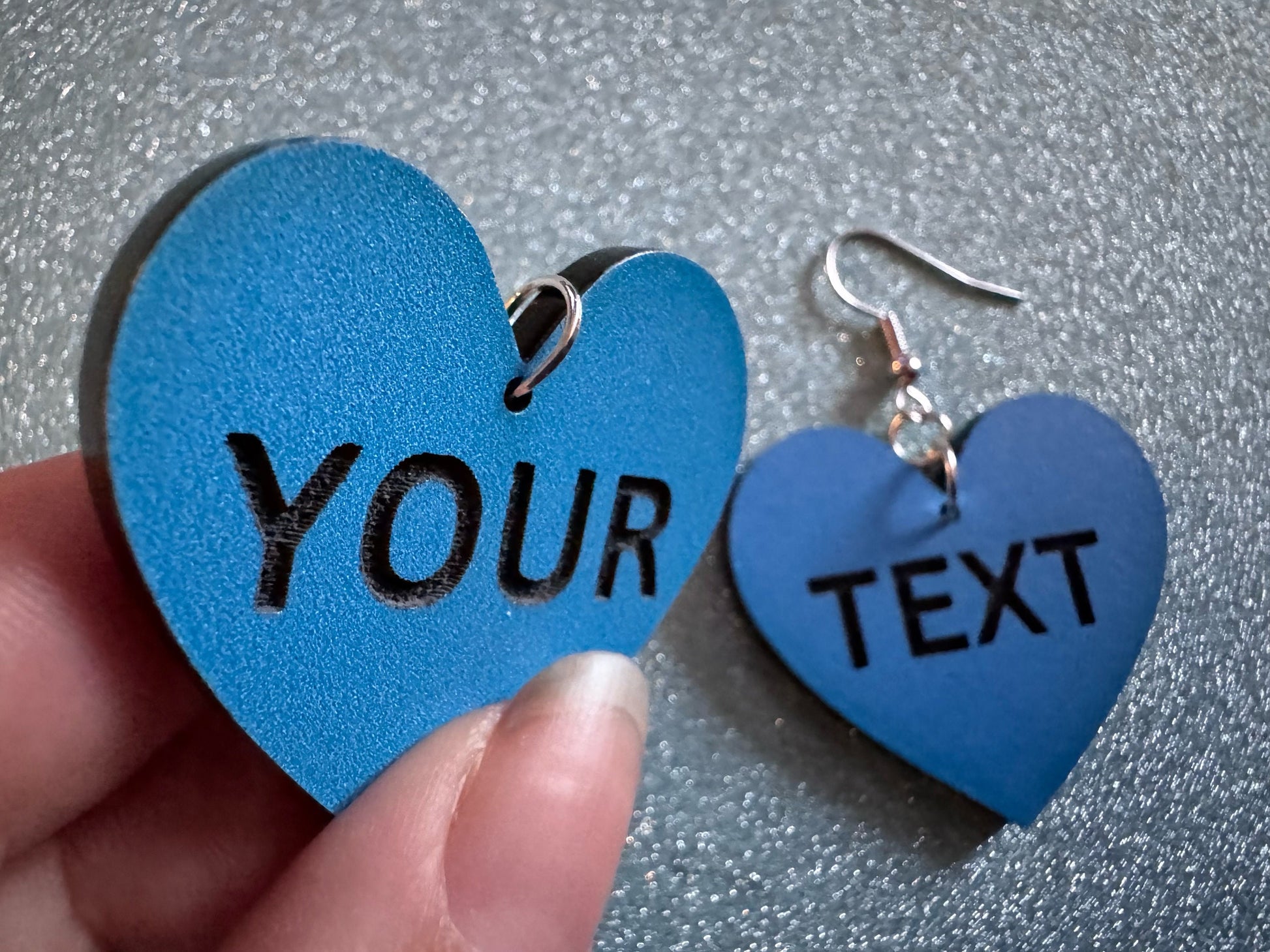 Custom Text Earrings: Laser Engraved Words, Blue with Black Text, Letters, Names, Teacher Gift, Anniversary, Best Gifts for Her/Him/Them