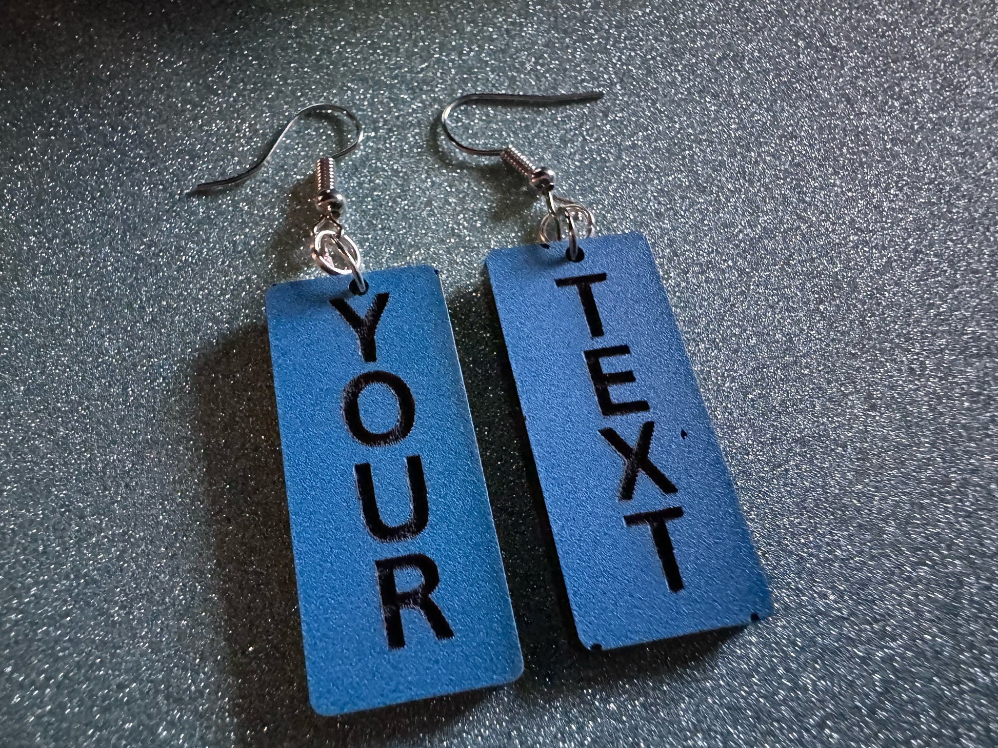 Custom Text Earrings: Laser Engraved Words, Blue with Black Text, Letters, Names, Teacher Gift, Anniversary, Best Gifts for Her/Him/Them
