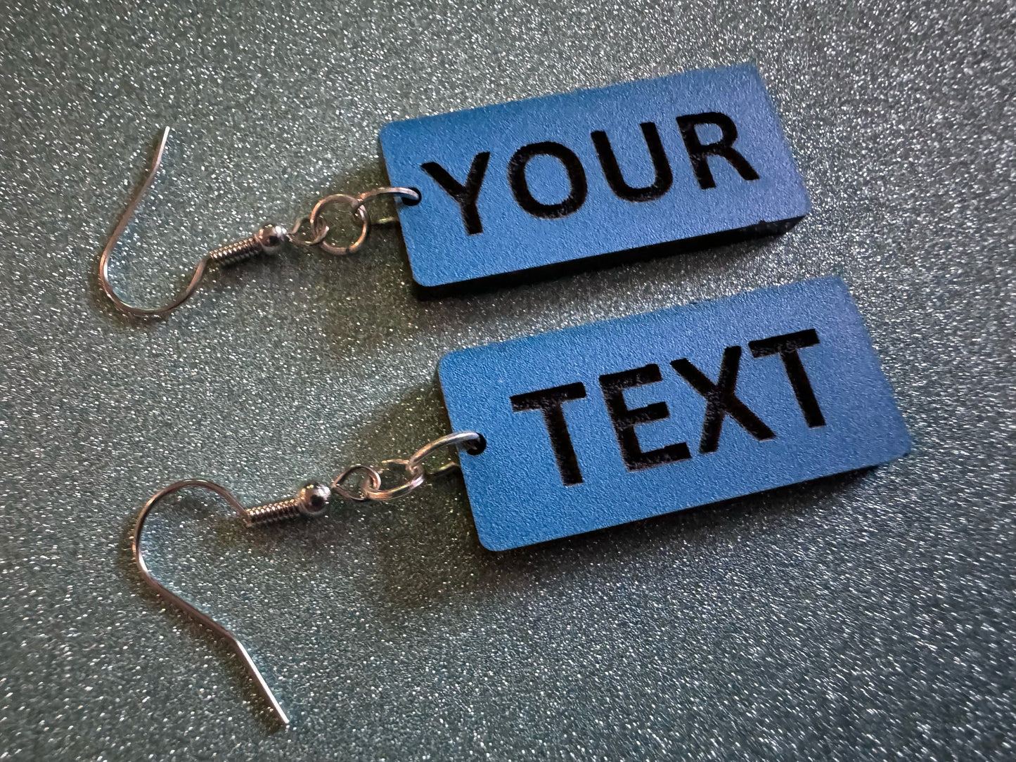 Custom Text Earrings: Laser Engraved Words, Blue with Black Text, Letters, Names, Teacher Gift, Anniversary, Best Gifts for Her/Him/Them