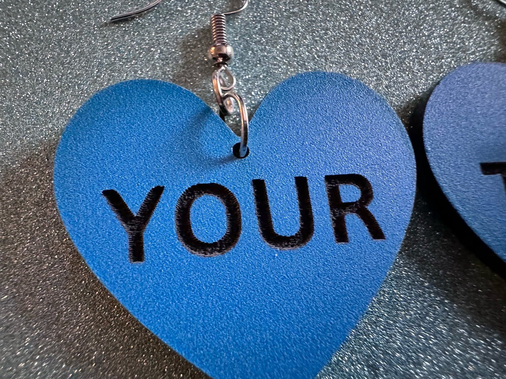 Custom Text Earrings: Laser Engraved Words, Blue with Black Text, Letters, Names, Teacher Gift, Anniversary, Best Gifts for Her/Him/Them