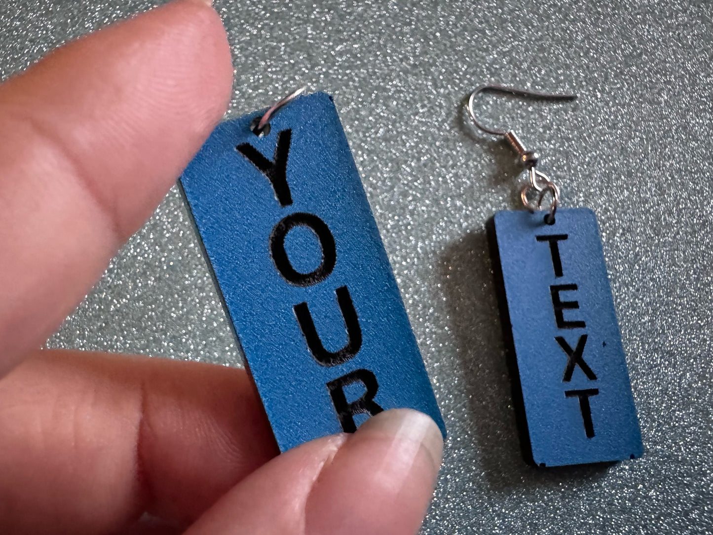 Custom Text Earrings: Laser Engraved Words, Blue with Black Text, Letters, Names, Teacher Gift, Anniversary, Best Gifts for Her/Him/Them