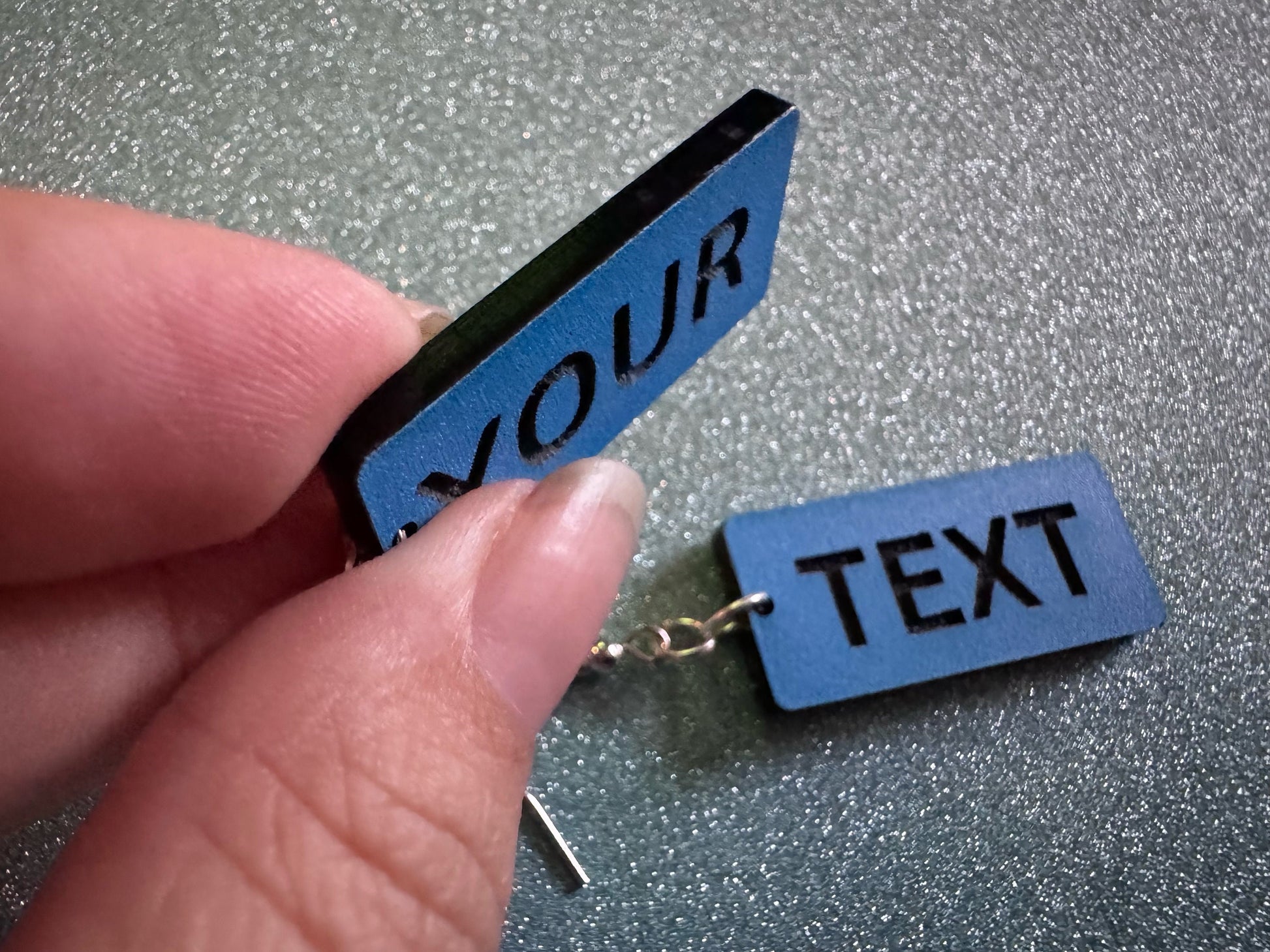 Custom Text Earrings: Laser Engraved Words, Blue with Black Text, Letters, Names, Teacher Gift, Anniversary, Best Gifts for Her/Him/Them