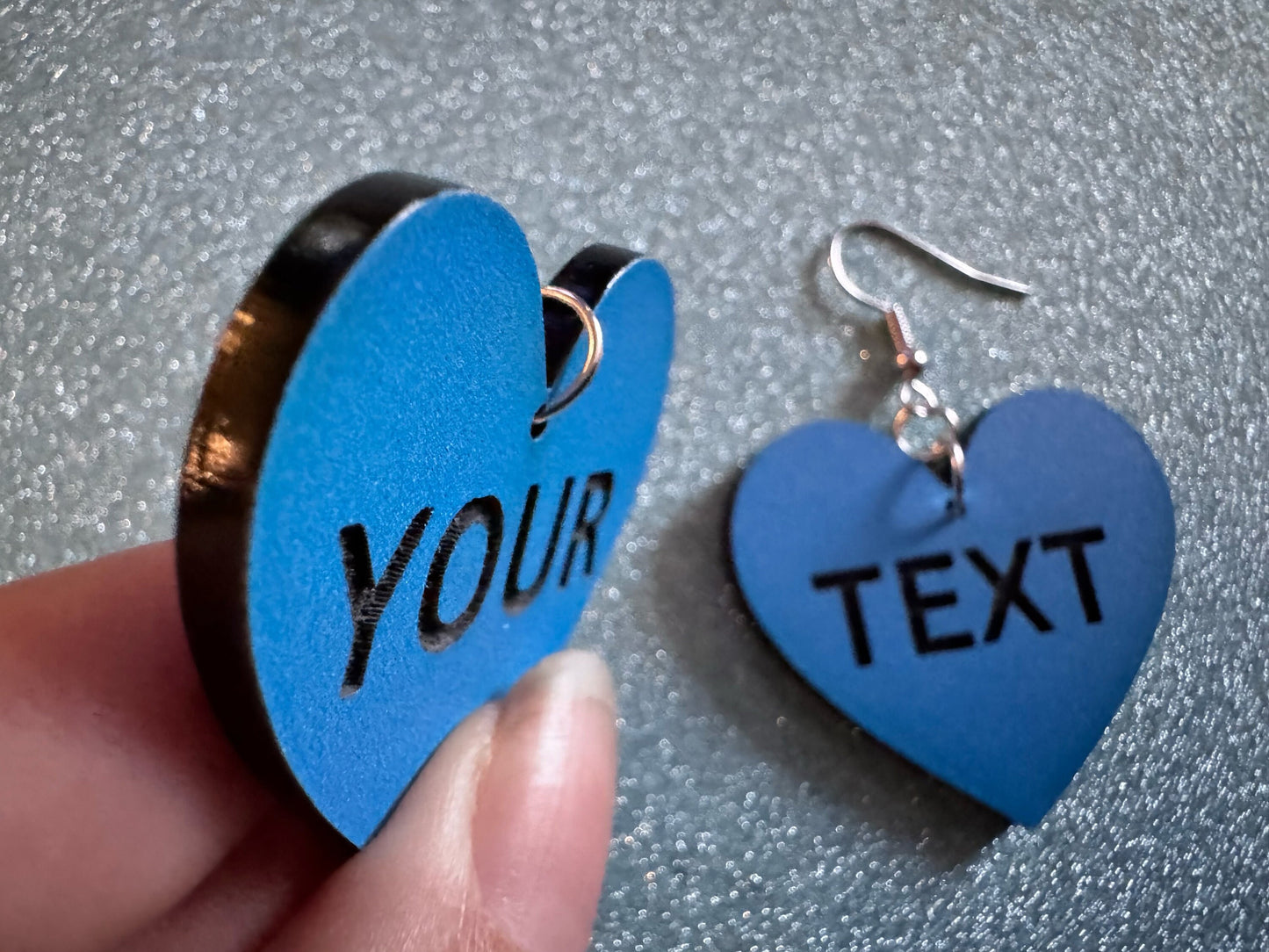 Custom Text Earrings: Laser Engraved Words, Blue with Black Text, Letters, Names, Teacher Gift, Anniversary, Best Gifts for Her/Him/Them