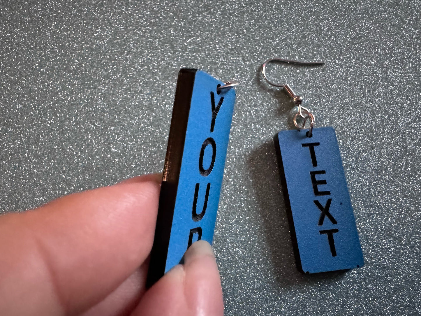 Custom Text Earrings: Laser Engraved Words, Blue with Black Text, Letters, Names, Teacher Gift, Anniversary, Best Gifts for Her/Him/Them