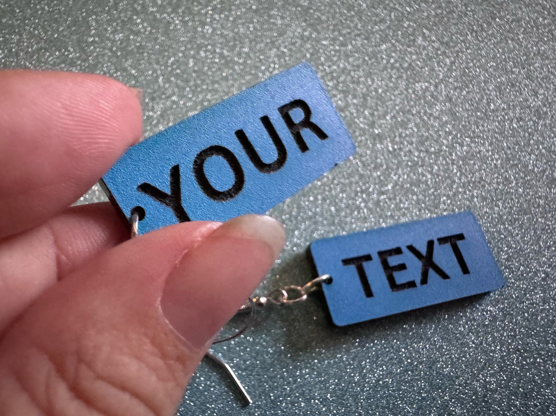 Custom Text Earrings: Laser Engraved Words, Blue with Black Text, Letters, Names, Teacher Gift, Anniversary, Best Gifts for Her/Him/Them