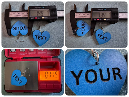 Custom Text Earrings: Laser Engraved Words, Blue with Black Text, Letters, Names, Teacher Gift, Anniversary, Best Gifts for Her/Him/Them