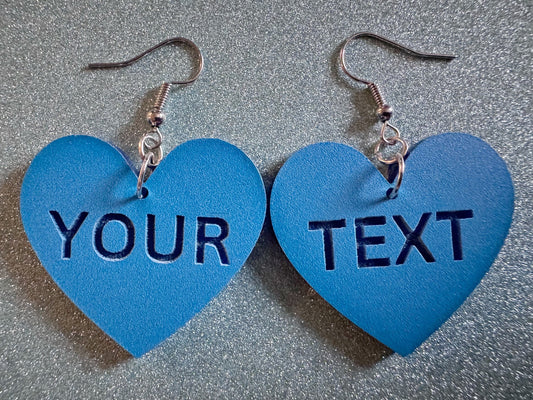 Custom Text Earrings: Laser Engraved Words, Blue with Blue Text, Letters, Names, Teacher Gift, Anniversary, Best Gifts for Her/Him/Them