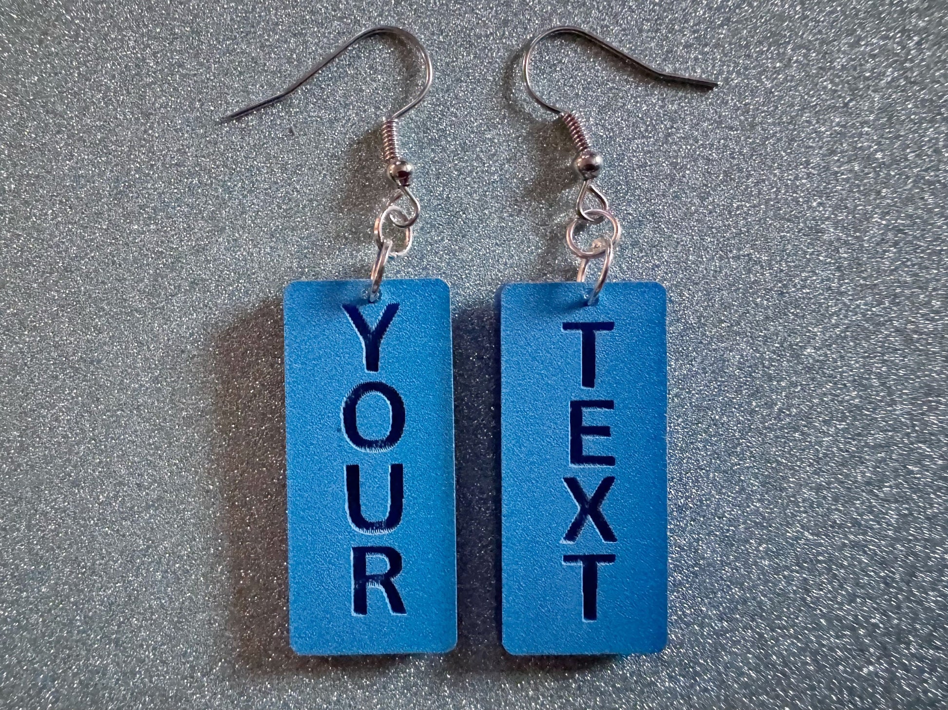 Custom Text Earrings: Laser Engraved Words, Blue with Blue Text, Letters, Names, Teacher Gift, Anniversary, Best Gifts for Her/Him/Them