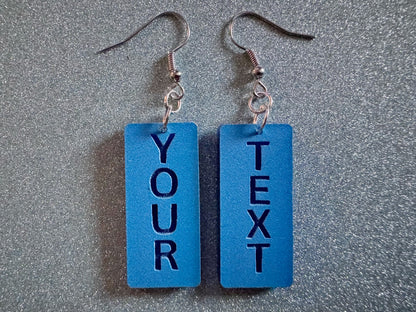 Custom Text Earrings: Laser Engraved Words, Blue with Blue Text, Letters, Names, Teacher Gift, Anniversary, Best Gifts for Her/Him/Them