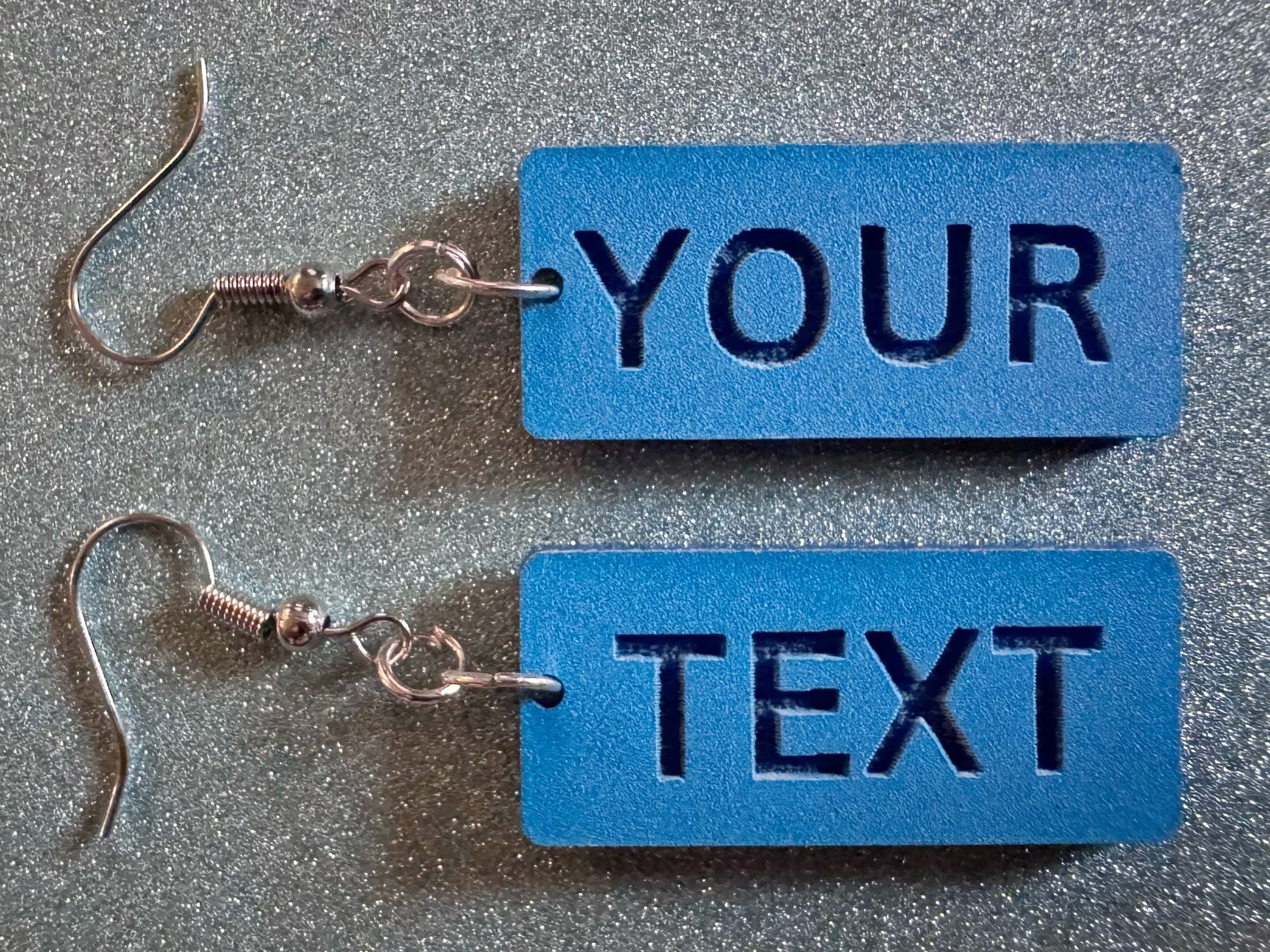 Custom Text Earrings: Laser Engraved Words, Blue with Blue Text, Letters, Names, Teacher Gift, Anniversary, Best Gifts for Her/Him/Them
